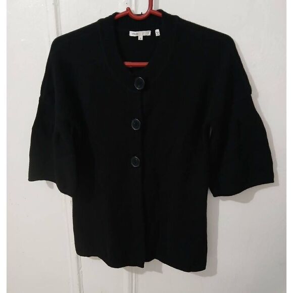 Vince womens small 100% cashmere sweater black button front shortsleeve - Picture 1 of 7